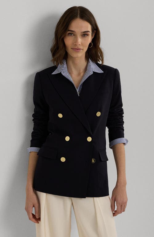 Shop Lauren Ralph Lauren Double Breasted Stretch Wool Crepe Blazer In Lauren Navy