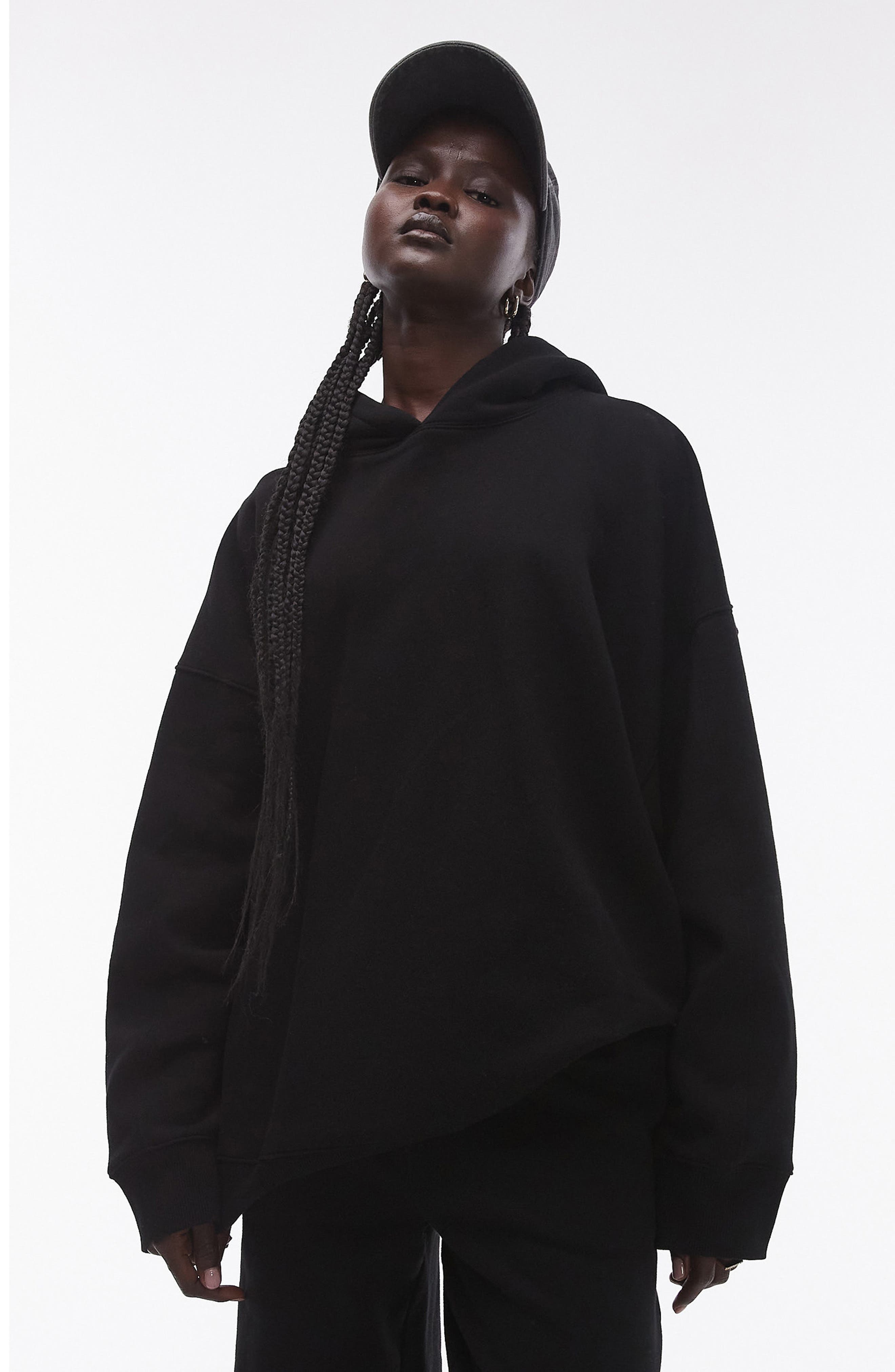 Topshop Premium Oversize Cotton Blend Hoodie in Black Cover