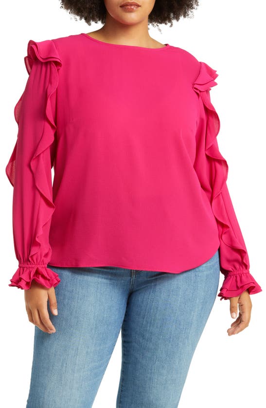 Cece Ruffle Sleeve Crepe Top In Bright Geranium