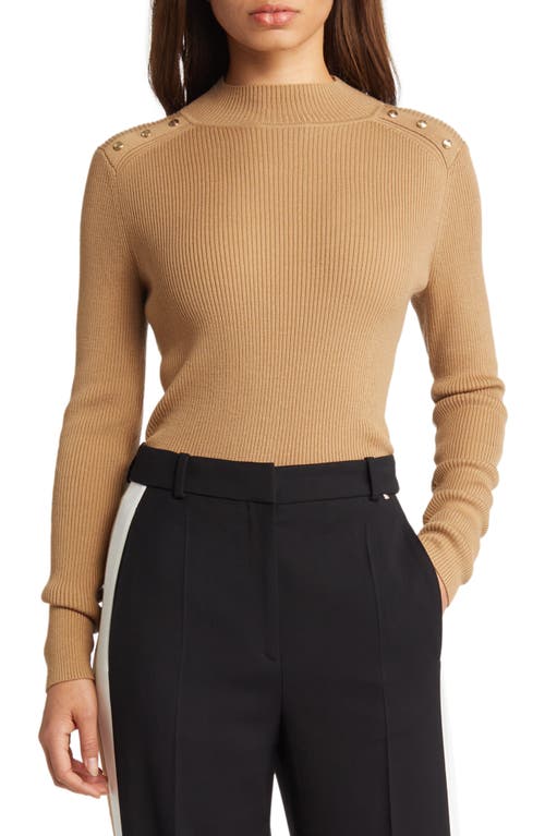 BOSS Fortney Rib Button Shoulder Wool Blend Sweater in Iconic Camel at Nordstrom, Size Small