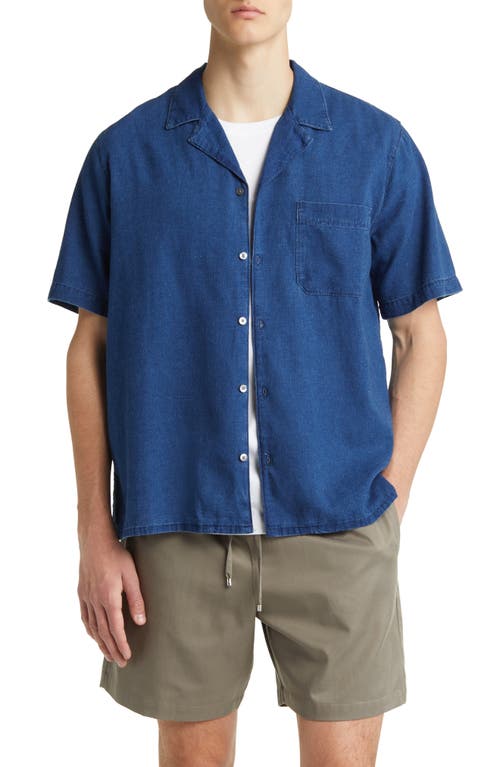 FRAME Short Sleeve Cotton & Linen Chambray Camp Shirt in Maritime at Nordstrom, Size Medium