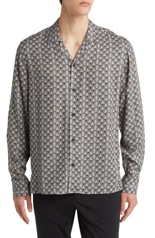 Open Edit Textured Dot Print Button-Up Camp Shirt in Grey Textured Dot