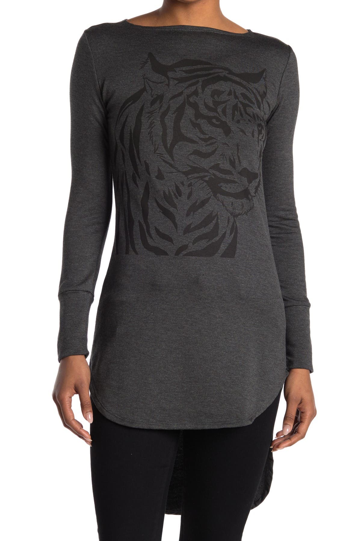 Go Couture Graphic Boatneck Top In Dark Grey