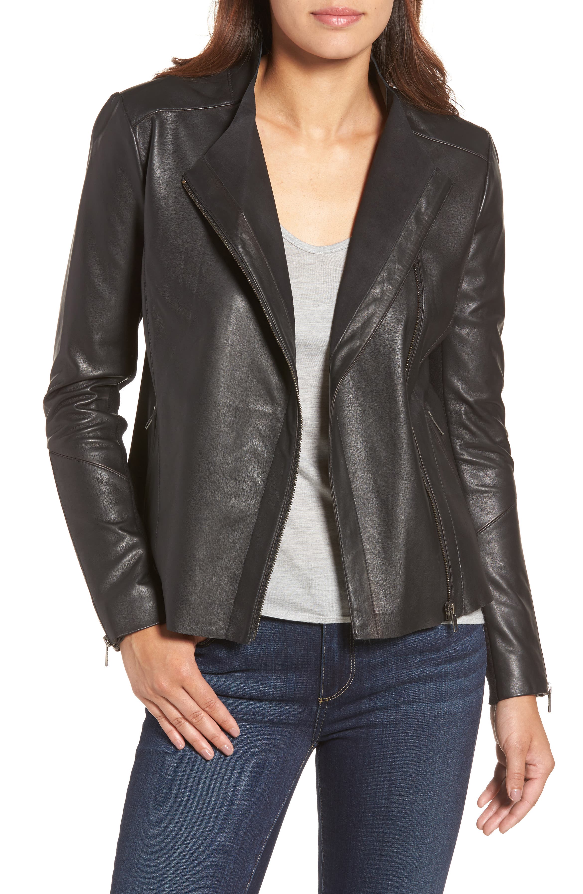 Halogen® Asymmetrical Leather Jacket (Regular & Petite) | Nordstrom