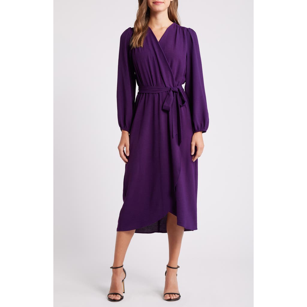 Connected Apparel Long Sleeve Faux Wrap Midi Dress in Grape