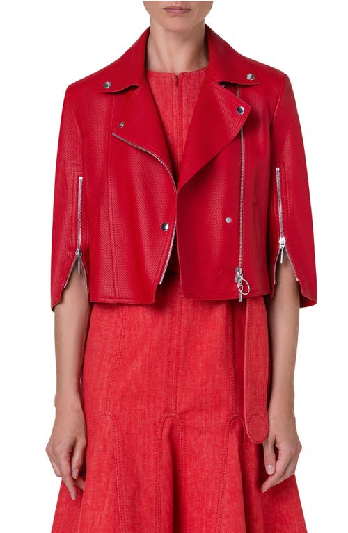 Akris punto Perforated Lambskin Leather Crop Moto Jacket Red at Nordstrom,