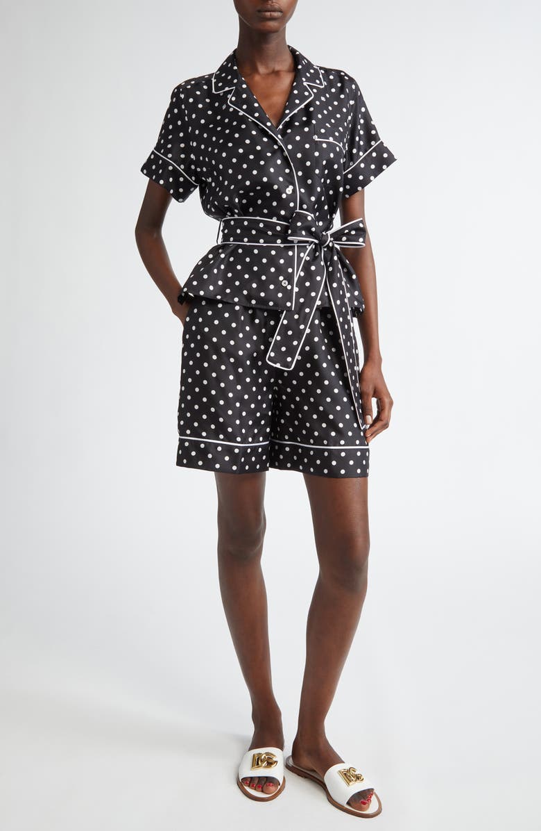 Dolce&Gabbana Polka Dot Silk Pajama Shorts, Alternate, color, Nero