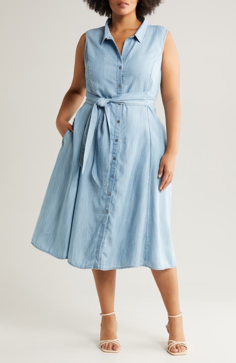 Tie Waist Sleeveless Denim Midi Shirtdress