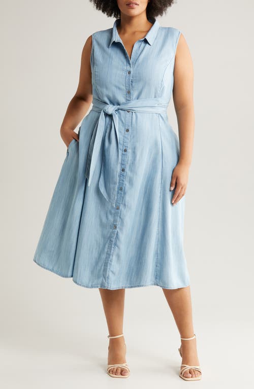 NIC+ZOE Tie Waist Sleeveless Denim Midi Shirtdress Mid Wash at Nordstrom, X