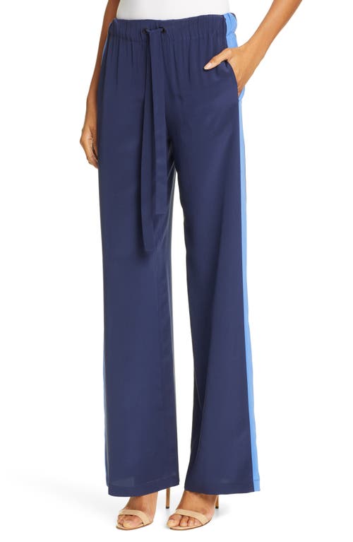 Shop Dvf Ellington Side Stripe Drawstring Silk Pants In New Navy/baja Blue