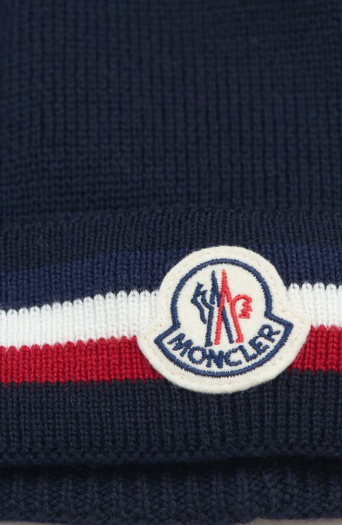 Shop Moncler Tricolor Stripe Ribbed Wool Beanie In Navy Blue