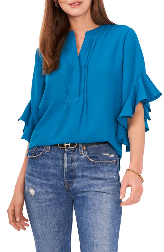 Vince Camuto Plus Size Ruffle Sleeve Henley Blouse In Teal Waters