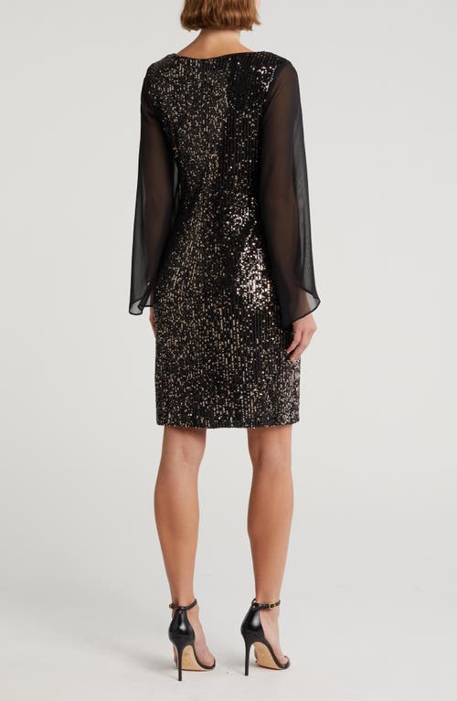 Connected Apparel Sequin Cape Sleevess Dress In Black/gold
