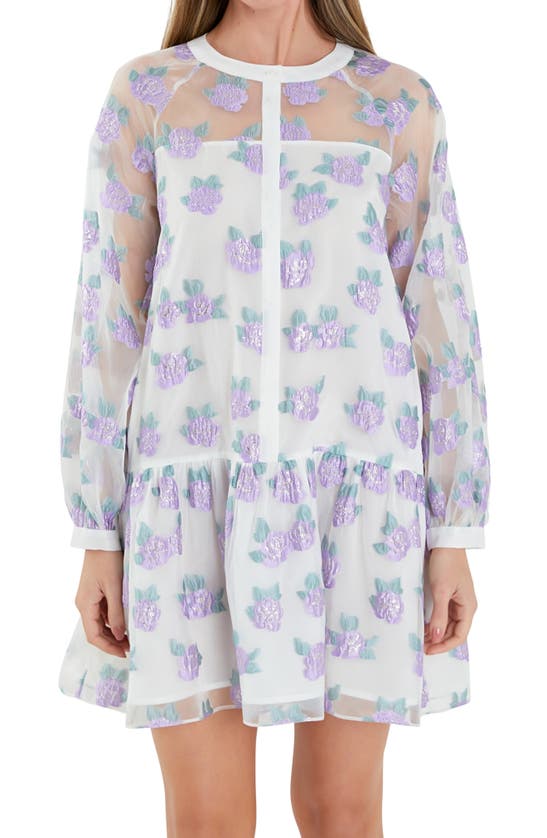 Shop English Factory Floral Button Front Long Sleeve Organza Minidress In Lilac