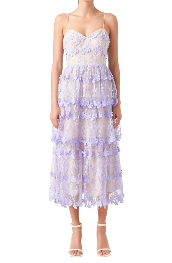 Shop Endless Rose Floral Embroidered Tiered Lace Midi Dress In Lilac