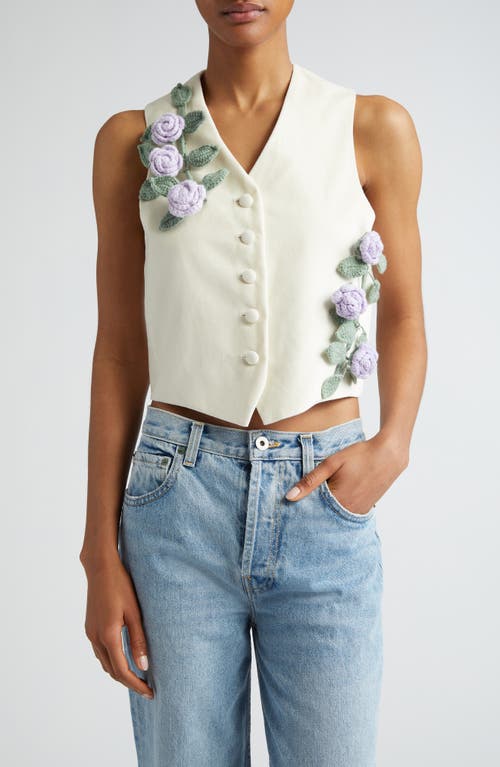Gender Inclusive Carl Crochet Flower Velveteen Vest in Off White/Lavender
