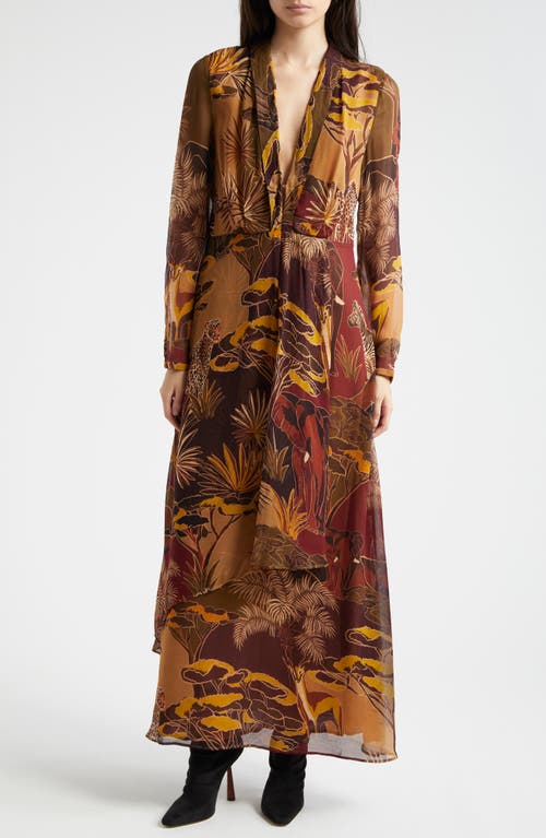 Farm Rio Savana Dream Plunge Long Sleeve Maxi Dress In Savana Dream Caramel