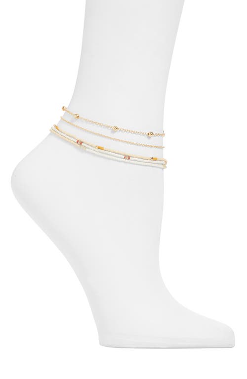 Set of 5 Beaded Anklets in Gold- White