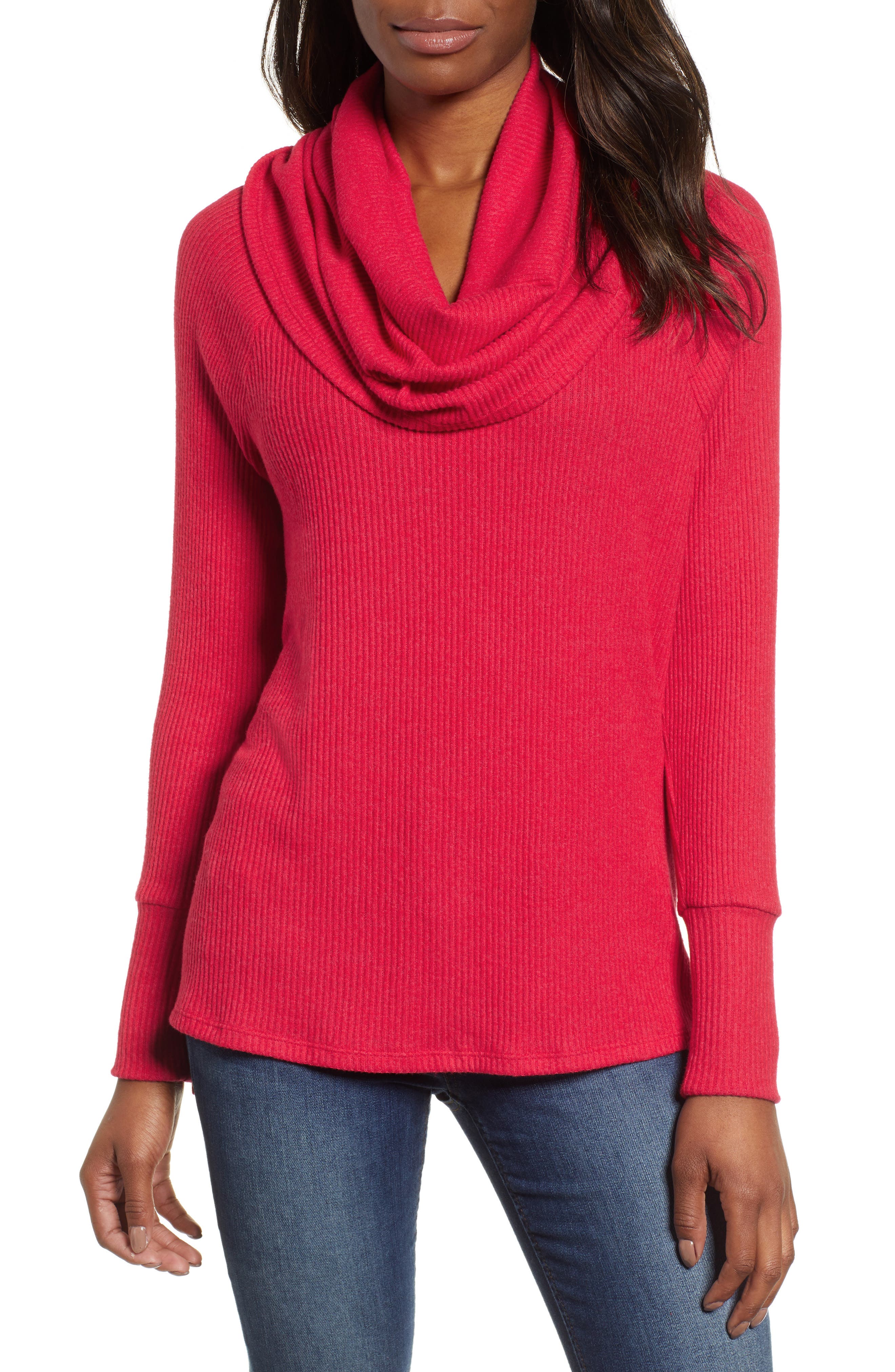 Petite Gibson X Living In Yellow Ribbed Cowl Neck Sweater, Red