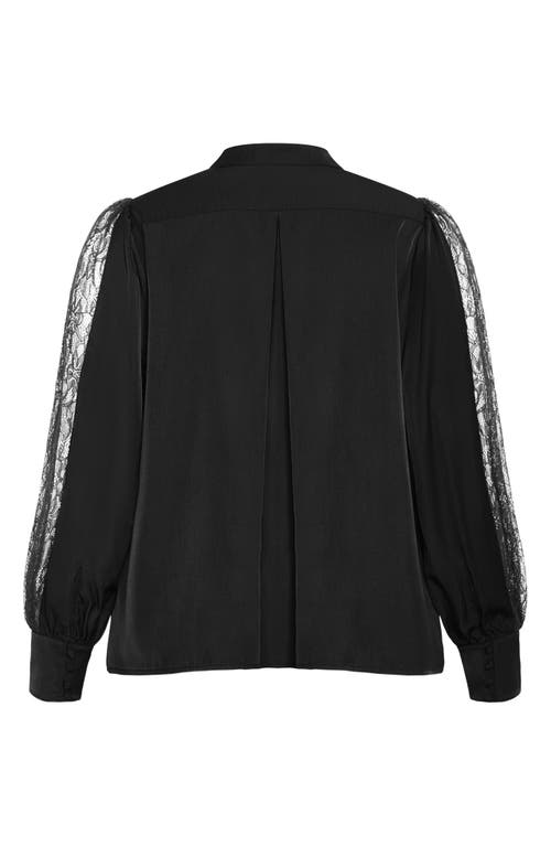 City Chic Georgia Lace Inset Sateen Button-up Shirt In Black