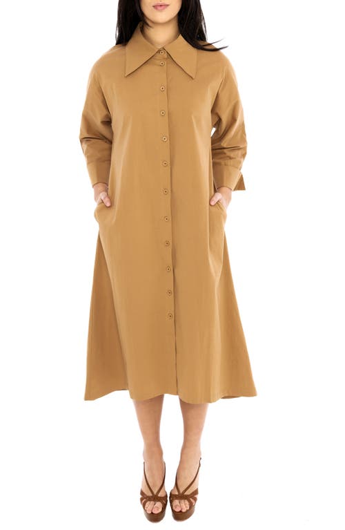 Oversize Long Sleeve Stretch Organic Cotton Shirtdress in Brown