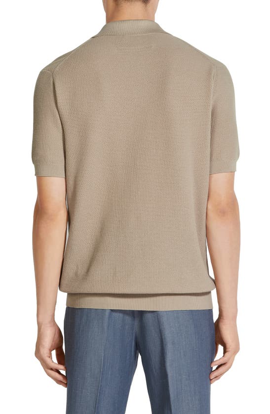 Shop Zegna Waffle Knit Premium Cotton Polo Sweater In Iuta Beige