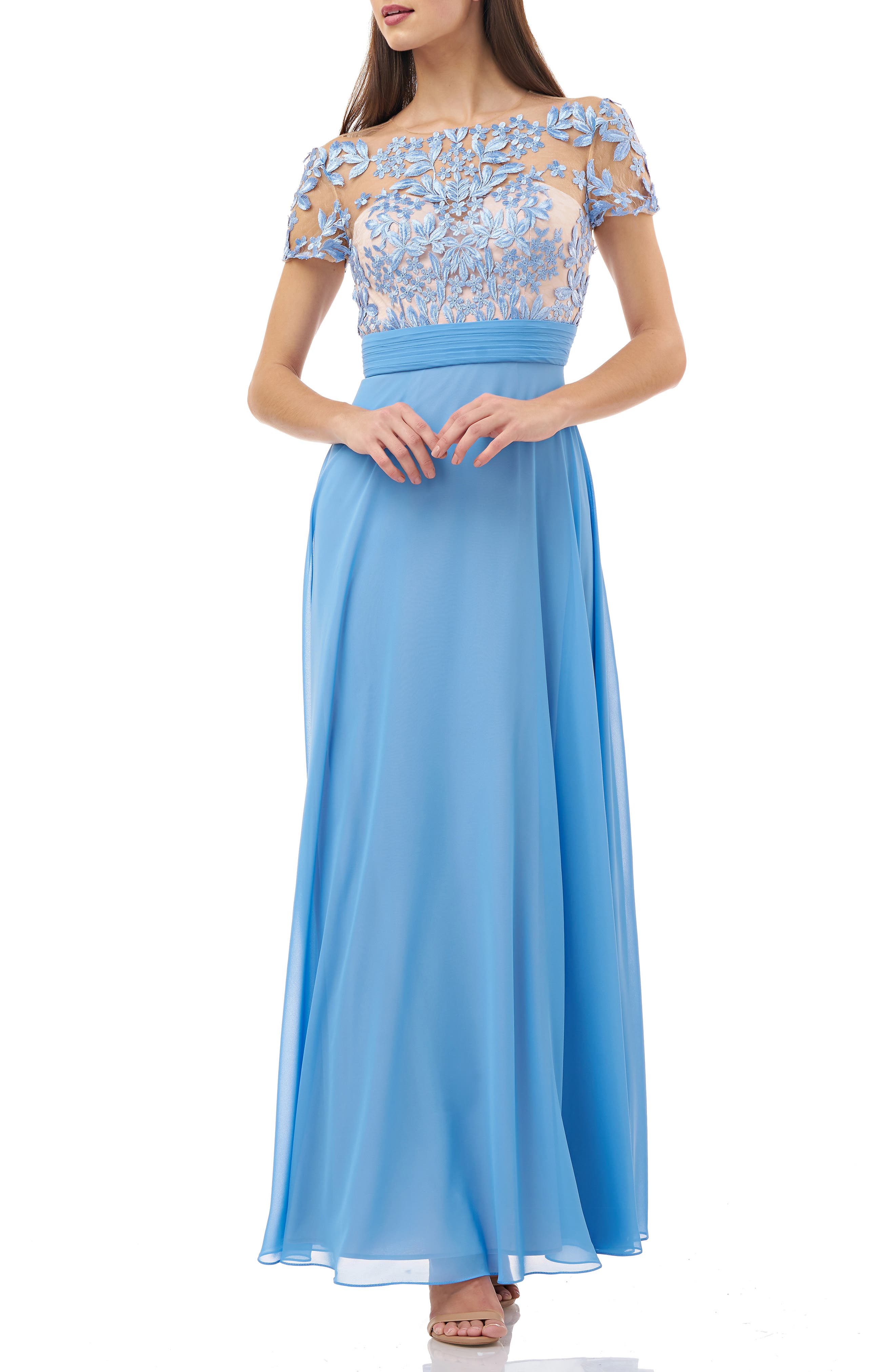 Petite Js Collections Embroidered Illusion Bodice Gown, Blue