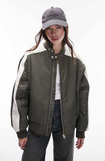 Topshop Petite Faux Leather Cropped Bomber Jacket In Green