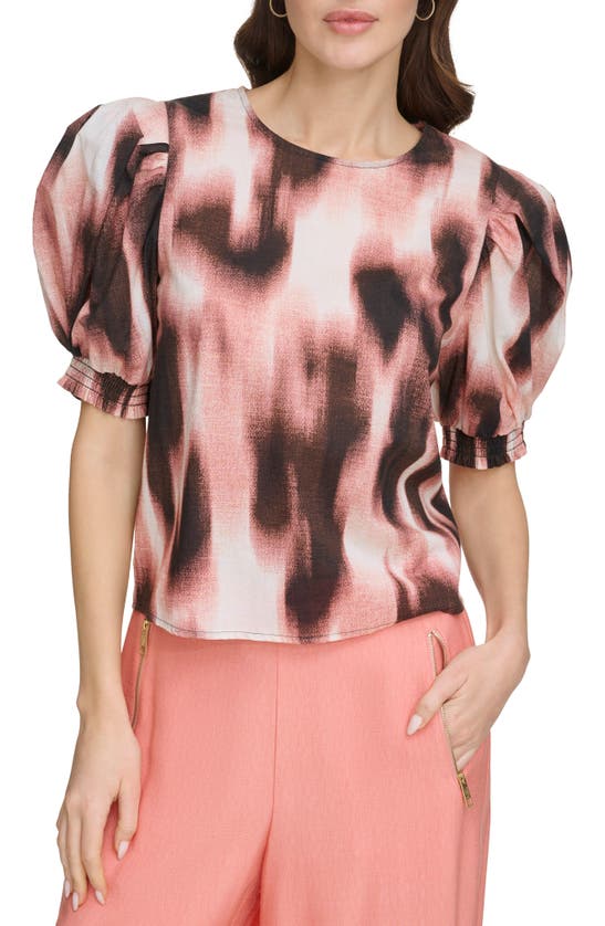 Shop Dkny Abstract Print Puff Sleeve Voile Top In Abstract Dot