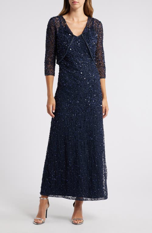 Pisarro Nights Beaded Sequin Gown With Bolero In Navy