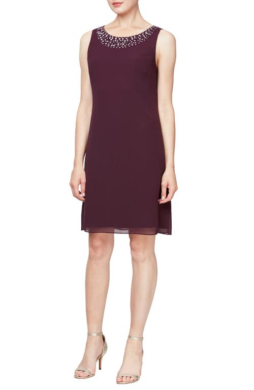 Shop Sl Fashions Slny Beaded Neck Sleeveless Sheath Dress With Jacket In Aubergine