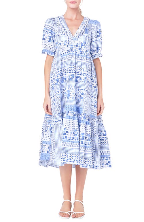 Patchwork Print Tiered Cotton Midi Dress in Blue
