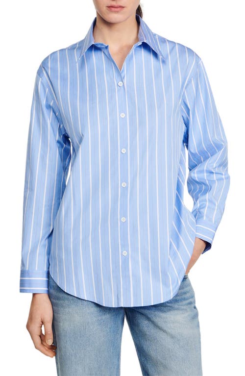 Sandro Davie Stripe Lace Accent Open Back Cotton Button-up Shirt In Blu/white