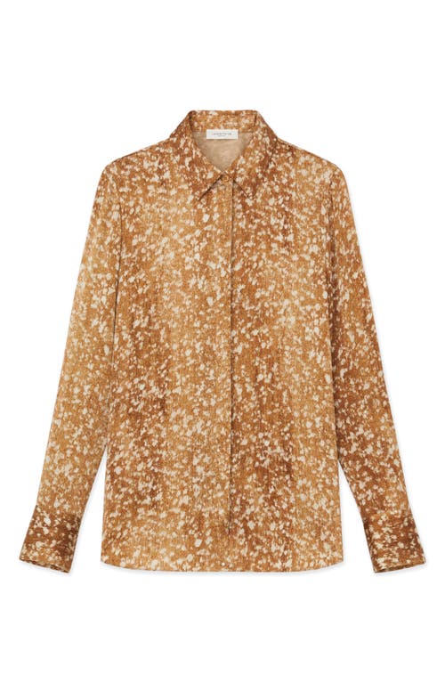 Shop Lafayette 148 New York Scottie Floating Leaves Print Stretch Silk Button-up Shirt In Camel Multi