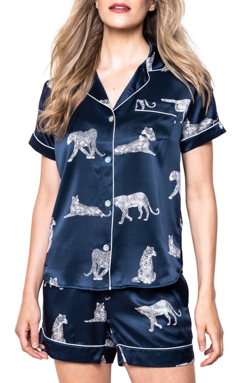 Petite Plume Panthre de Nuit Piped Mulberry Silk Short Pajamas in Navy at Nordstrom, Size X-Large