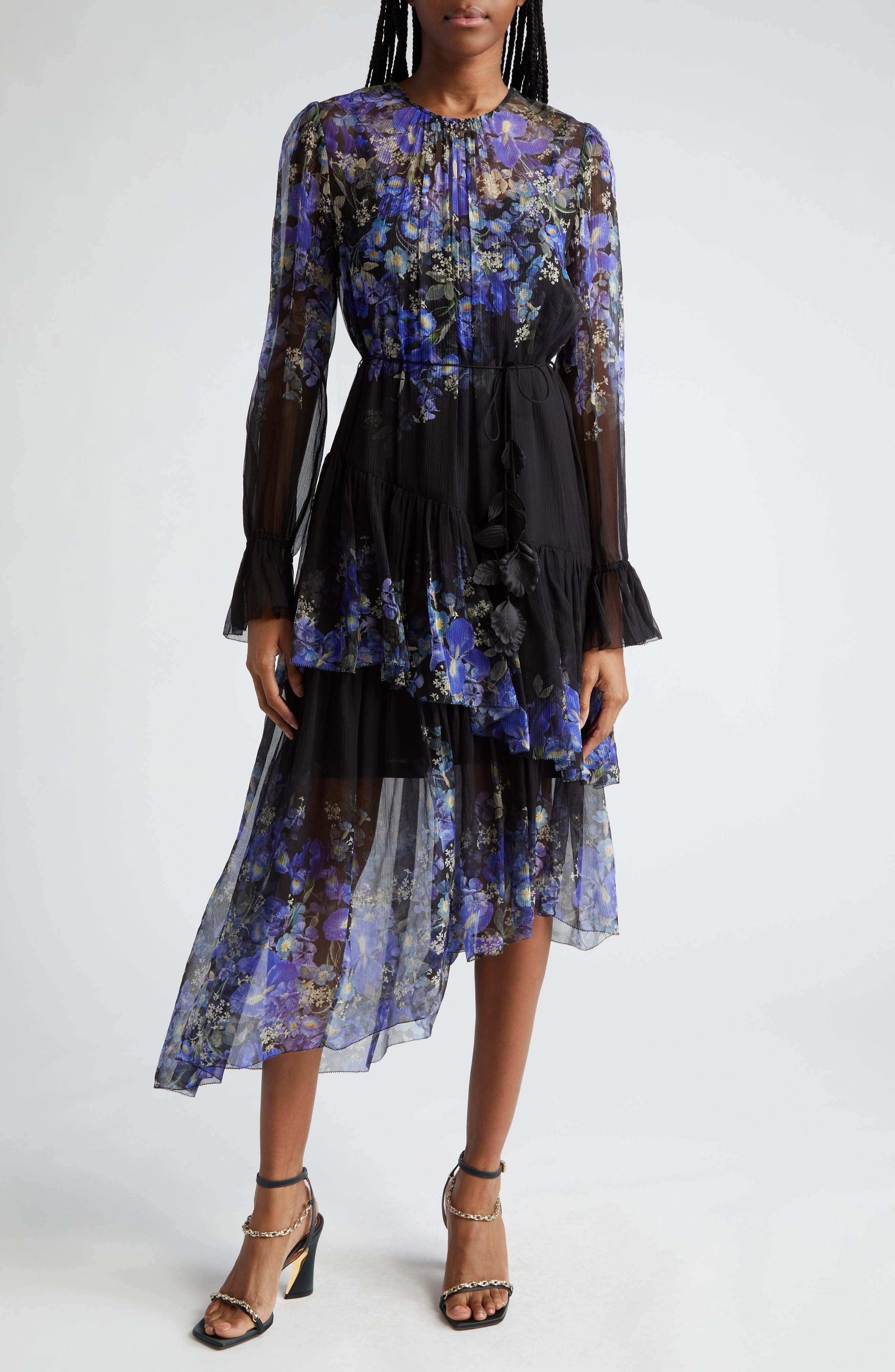 Zimmermann Lyrical Iris Print Tiered Ruffle Long Sleeve Silk Georgette Midi  Dress in Blue Iris Black | Smart Closet