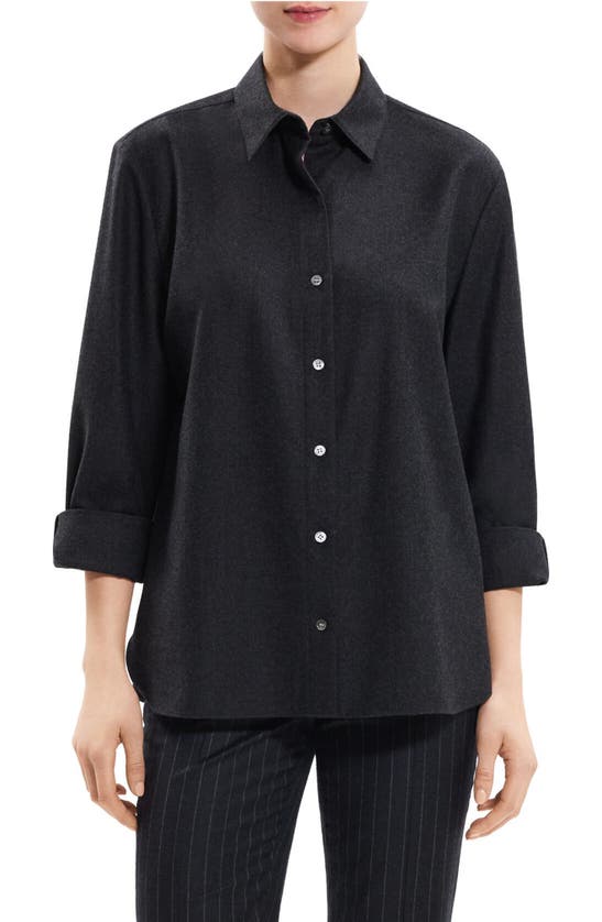 Shop Theory Virgin Wool Button-up Shirt In New Charcoal Melange