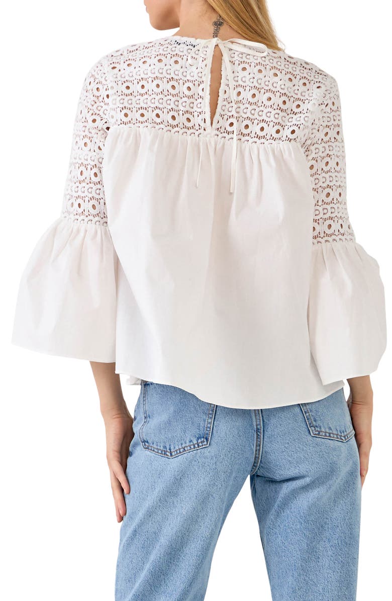 ENDLESS ROSE Bell Sleeve Lace Poplin Blouse, Main, color, WHITE