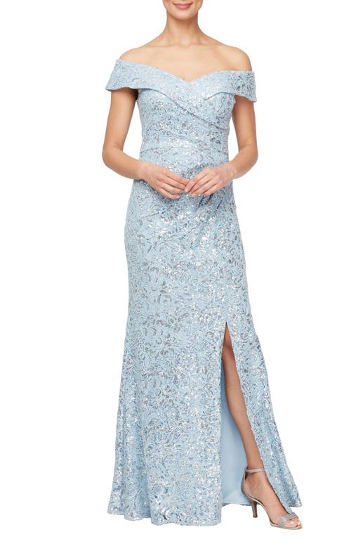 Floral Embroidered Sequin Off the Shoulder Gown in Hydrangea