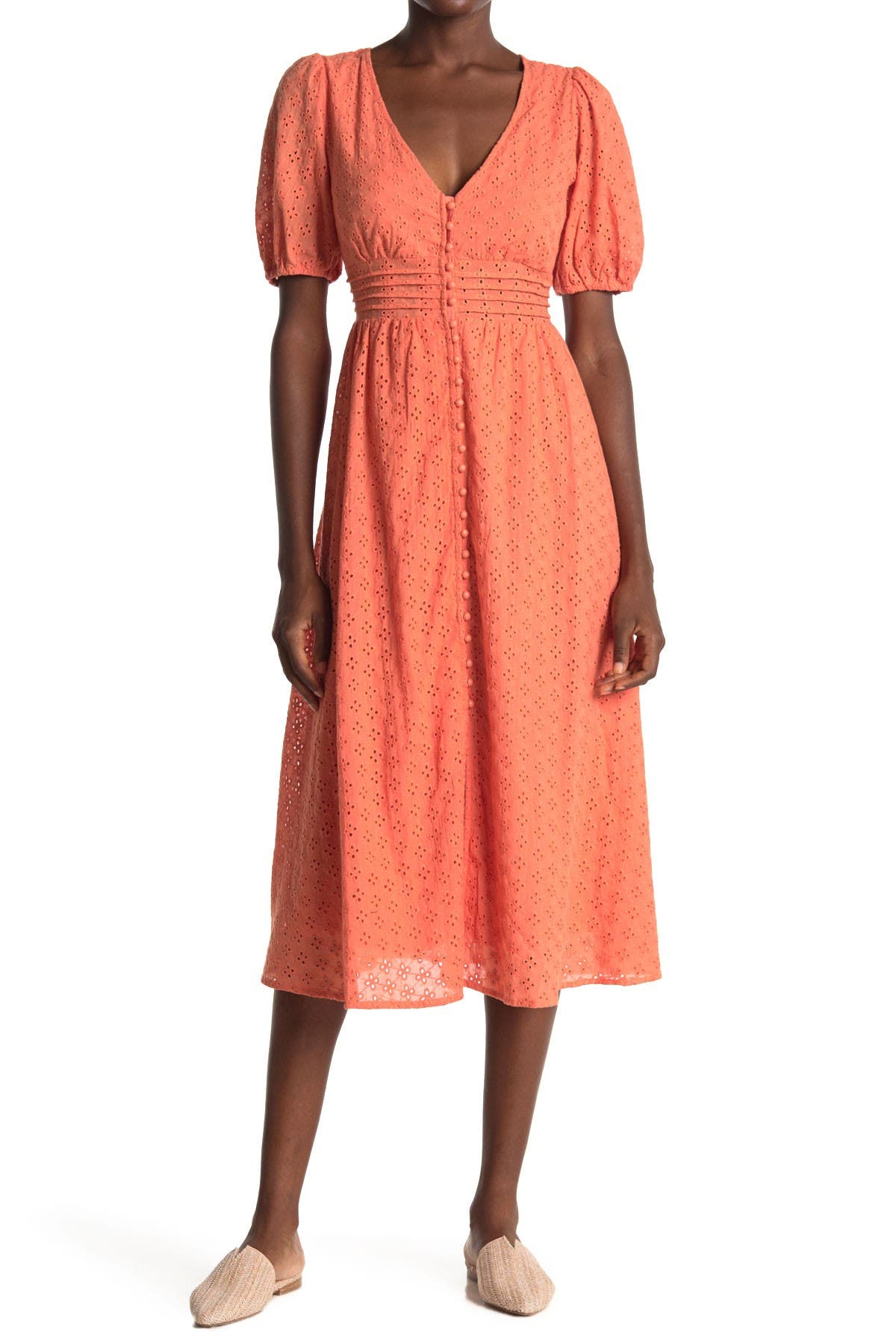 ALL IN FAVOR | Embroidered Eyelet Button Front Midi Dress | Nordstrom Rack