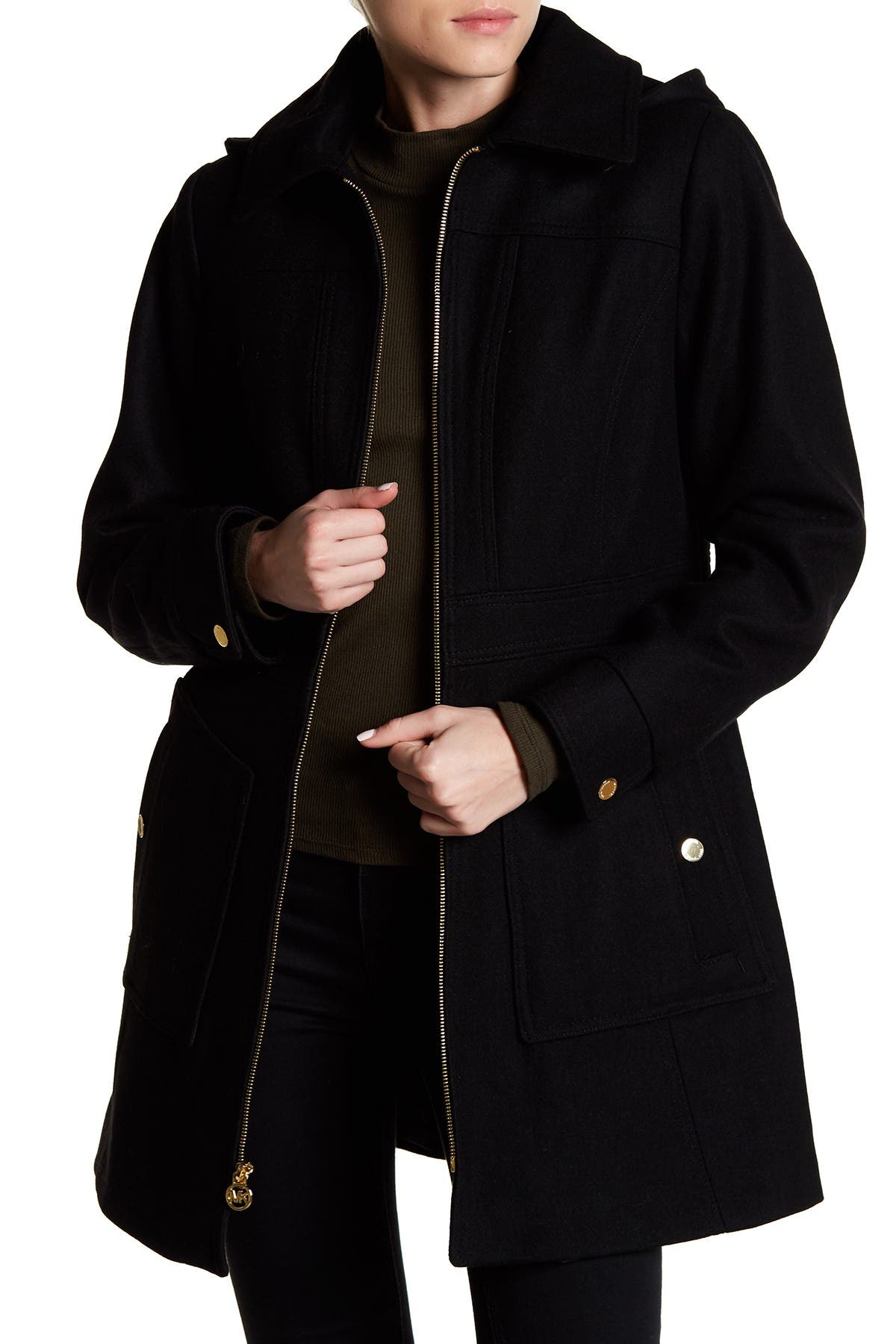 michael kors black wool coat gold zipper
