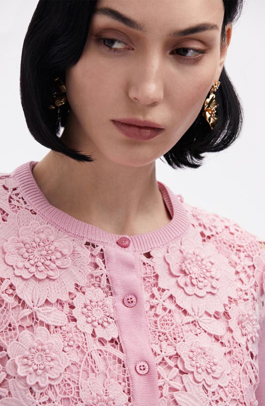 Shop Oscar De La Renta Floral Guipure Lace Panel Silk Blend Cardigan In Soft Pink