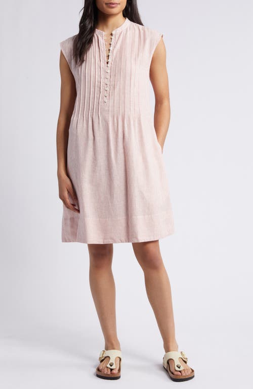 caslon(r) Stripe Pintuck Detail Linen Blend Dress in Pink Canyon- Ivory Leah Stripe