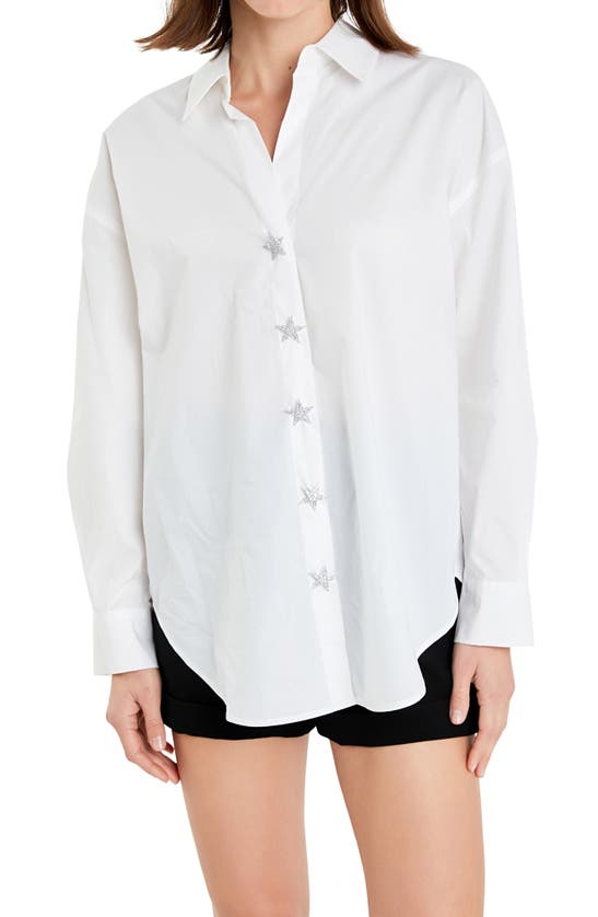 Shop English Factory Crystal Star Cotton Button-up Shirt In White