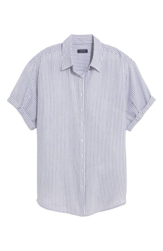 Shop Vineyard Vines Short Sleeve Cotton Blend Button-up Shirt In Stripe - White/ Navy