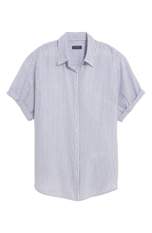 Short Sleeve Cotton Blend Button-Up Shirt in Stripe - White/Navy