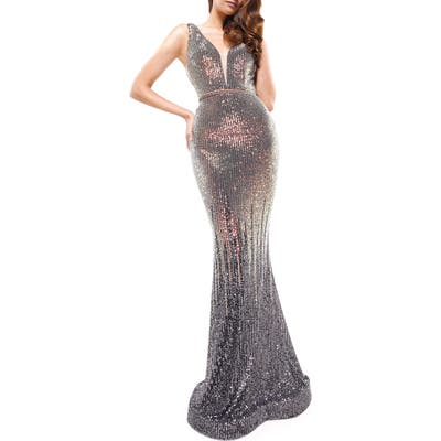 Colors Dress Sequin Stripe Plunge Neck Mermaid Gown, Grey