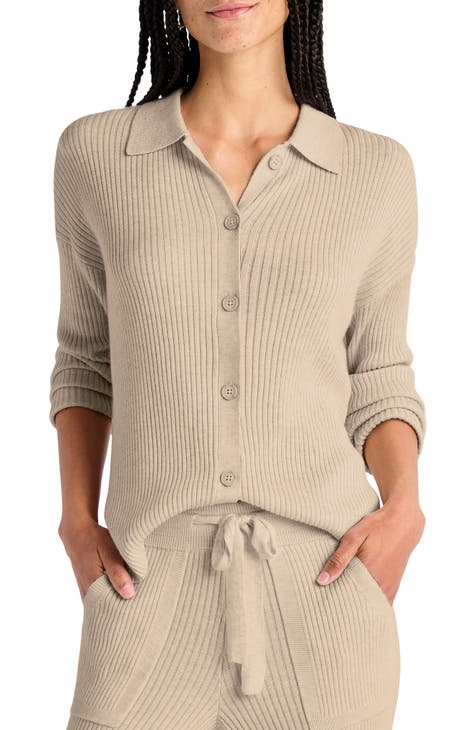 Georgie Elbow Sleeve Rib Button-Up Sweater