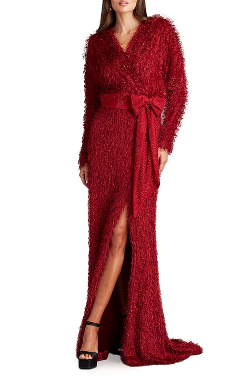 Tadashi Shoji Allover Fringe Long Sleeve Gown Wine at Nordstrom,