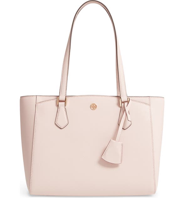 Click to view more detailed imagery on our partner's website Tory Burch Small Robinson Saffiano Leather Tote - Pink In Pale Apricot/Royal Navy
